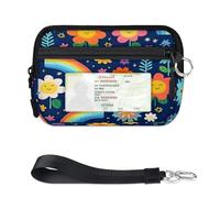 WowPrint Cute Flower Rainbow Mini Zip Card Case for Women Men with ID Window Wallet Portable Lightweight Small Purses Zipper Coin Card Organizer Bag