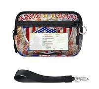 WowPrint Happy USA 4th July Mini Zip Card Case for Women Men with ID Window USA Flag Wallet Portable Lightweight Small Purses Zipper Coin Card Organizer Bag