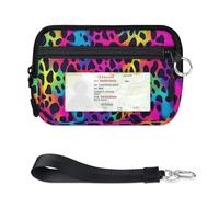 WowPrint Leopard Skin Colorful Mini Zip Card Case for Women Men with ID Window Wallet Portable Lightweight Small Purses Zipper Coin Card Organizer Bag