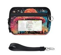 WowPrint Magic Galaxy Space Mushroom Mini Zip Card Case for Women Men with ID Window Wallet Portable Lightweight Small Purses Zipper Coin Card Organizer Bag