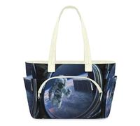 WowPrint Planet Astronaut In Space Ship Tote Bag for Women Astronaut Print Handbag Lightweight Quilted Puffer Tote Bags Large Zip Briefcase Shoulder Bag for Travel Work Gym
