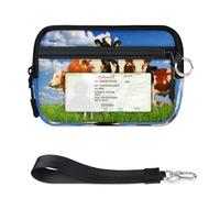WowPrint The Field On Calves Cow Mini Zip Card Case for Women Men with ID Window Cow Wallet Portable Lightweight Small Purses Zipper Coin Card Organizer Bag