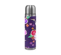 WowPrint Travel Mug, Japanese Flower Animal Crane Art Insulated Stainless Steel Water Bottle Leak Proof Double Wall Thermos Vacuum Flask Genuine Leather Wrapped 500ml