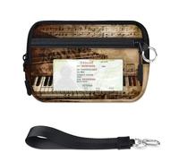 WowPrint Vintage Piano Music Note Mini Zip Card Case for Women Men with ID Window Wallet Portable Lightweight Small Purses Zipper Coin Card Organizer Bag