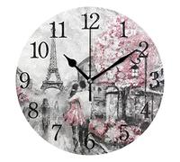 WowPrint Wall Clock, Romantic Paris Eiffel Tower Acrylic Round Non Ticking Clocks Decorative Art Painting for Office Classroom Home Bedroom Living Room Bathroom Kitchen Decor