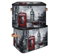 WowPrint Watercolor Uk London Theme Large Storage Basket with Zipper Lid Foldable Storage Boxes Bin Home Organizer for Clothes Bedroom Living Room 2 Pcs