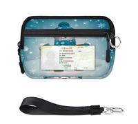 WowPrint Winter Snowman Mini Zip Card Case for Women Men with ID Window Christmas Snowflake Wallet Portable Lightweight Small Purses Zipper Coin Card Organizer Bag