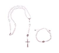 Wowser First Communion White Beaded Rosary Necklace and Bracelet Set, 13.5 Inch Chain, 6 Inch Adjustable Bracelet, Silver-Toned Cross