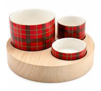 Wowser Red Plaid Ceramic Serving Bowl Set with Wood Base, 3-Piece Christmas Appetizer and Snack Bowls