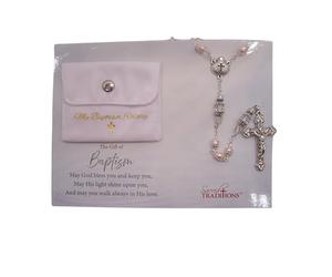 Wowser Sacred Traditions My Baptism Rosary Gift Set with Pink Pouch, Cross Crucifix Charm & Keepsake Prayer Card for Baptism, Christening, First Communion or Religious Celebration