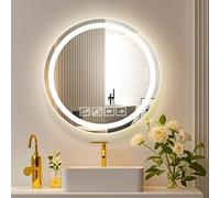 wowspeed Bathroom Mirror with LED Light, Round 60 * 60cm Bluetooth Bathroom Vanity Mirror, 3000K/4500K/6500K Dimmable Bluetooth Music LED Vanity Mirrors, 600mm Wall Mounted Smart Mirrors, Anti Fog