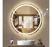 wowspeed Round 60 * 60cm Bluetooth Bathroom Mirror with LED Lights, Wireless Music LED Vanity Mirrors for Bathroom, Wall Mounted Smart Mirrors, Anti Fog, 3000K/4500K/6500K, 120° Beam Angle, Dimmable