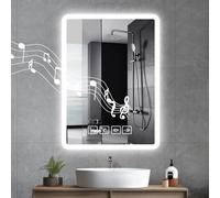 wowspeed Square 70 * 50cm Bluetooth Bathroom Mirror with LED Lights, Wireless Music LED Vanity Mirrors for Bathroom, Wall Mounted Smart Mirrors, Anti Fog, 3000K/4500K/6500K, 120° Beam Angle, Dimmable