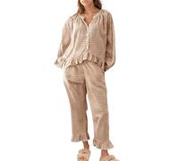 WOWULOVELY Womens Long Sleeve Gingham Pajama Set 2 Piece Plaid Cotton Babydoll Shirt and Leg Pants Cute Ruffle Pjs Set, Khaki, XL
