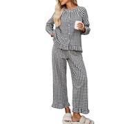 WOWULOVELY Womens Long Sleeve Gingham Pajama Set 2 Piece Plaid Cotton Babydoll Shirt and Leg Pants Cute Ruffle Pjs Set, Black, L