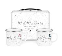 WOWZ DESIGN & PRINT DESIGN LTD 10 Year Anniversary Tin and Cup Set, 10 Year Tin Gift Set - Personalised Metal Lunchbox with Enamel Mugs, Custom Keepsake, Unique Gift for Husband, Wife or Couple