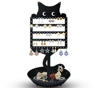 WOXBITA Earring Holder Hanging Organizer Stand Jewelry Rack Metal Cute Cat Tree Shelf Room Decor Table Ear Stud Holder Display Tower with Ring Storage Tray for Teens Girls Kids Cat Lovers, Black