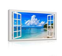 Woxfcart Sky Blue Wall Decor - Fake Window with Picture Canvas - Window View Beach Prints，Ocean Decorations for Home - Tropical Scenery Walls Décor 24"x16"