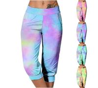WOXIHUAN Clearance Women Capri Trousers Summer 3/4 Cropped Pants Ladies Tie-Dye Printed Sweatpants Elastic Waist Slacks Three Quarter Joggers Outdoor Casual Trouser Workout Loose Capris with Pockets