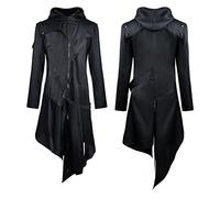 WOXIHUAN Gothic Jacket for Men, Medieval Trench Coat with Hood Mens Irregular Hem Outerwear Steampunk Retro Tailcoat, Button Zipper Victorian Uniform Renaissance Overcoat Halloween Cosplay Costume