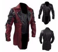 WOXIHUAN Men's Gothic Steampunk Jacket Medieval Patchwork Coat Mens Leather Outerwear Long Sleeve Retro Overcoat with Buckle Zipper Jackets Lapel Trench Coats Victorian Renaissance Cosplay Costume