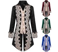 WOXIHUAN Men's Gothic Steampunk Tailcoat, Lace Patchwork Frock Coat Mens Medieval Jacquard Jacket Victorian Lapel Court Uniform, Single Breasted Renaissance Outerwear Halloween Fancy Dress Costume