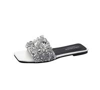 WOXIHUAN Sequin Sparkly Slippers for Women UK Clearance Flat Sliders Ladies Square Open Toe Slides Lightweight Slip On Shoes Summer Beach Sandals Fashion Slipper Walking Slider Vacation Party Sandal
