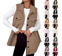 WOXIHUAN Women's Fleece Gilet Button Down Sleeveless Jacket Ladies Lightweight Bodywarmer Solid Color Plush Vest Winter Warm Waistcoat Casual Loose Long Outerwear Fuzzy Soft Lapel Coat with Pockets