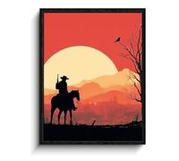 WOXZQ Western Cowboy Wall Art Cowboy Rider Matte Finish Framed Print Red Sunset Silhouette Poster Rustic Southwestern Wall Decor for gaming room gamer gift Red Dead Redemption Merch 12x16 inch