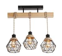 WOYHZXT Wooden Pendant Lamp, Black Iron Cage with Hemp Rope Shade,Vintage Design, Adjustable Height ,3-Flame E27 Retro Hanging Lamp,Without Lamps A Wise Choice