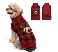 WOYYHO Dog Christmas Sweater for Small Dogs, Reindeer & Red Buffalo Plaid Knit Sleeveless Turtleneck | Warm Winter Puppy Clothes with Leash Hole for Chihuahua, Yorkie, Dachshund S