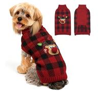 WOYYHO Dog Christmas Sweater for Small Dogs, Reindeer & Red Buffalo Plaid Knit Sleeveless Turtleneck | Warm Winter Puppy Clothes with Leash Hole for Chihuahua, Yorkie, Dachshund L
