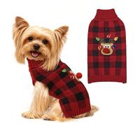 WOYYHO Dog Christmas Sweater for Small Dogs, Reindeer & Red Buffalo Plaid Knit Sleeveless Turtleneck | Warm Winter Puppy Clothes with Leash Hole for Chihuahua, Yorkie, Dachshund M