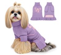 WOYYHO Dog Sweater Dress for Small Dogs Girl with Bows Pattern Purple L Dog Christmas Sweaters Dress with Leash Hole Fall Winter Dogs Clothes Dresses for Puppy Dachshund French Bulldog