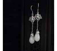 WOZUIMEI Chinese Style Earrings Eardrop S925 Sterling Anemone Natural Nephrite Retro Female Earrings As Shown
