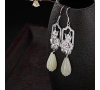 WOZUIMEI Chinese Style Earrings Eardrop S925 Sterling Anemone Plain Silver Inlaid Nephrite White Magnolia Temperament Female Earrings As Shown