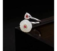 WOZUIMEI Chinese Style Ring Jewelry S925 Pure Silver Ring Inlaid Natural Nephrite White Jade Lotus Female High-End Open Ring As Shown