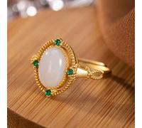 WOZUIMEI Chinese Style Ring Jewelry S925 Pure Silver Ring Inlaid Nephrite White Jade Light Greenish White Jade Female High-End Temperament Classic Open Ring White Chalcedony