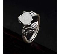 WOZUIMEI Chinese Style Ring Jewelry S925 Pure Silver Ring Natural Nephrite White Jade Inlaid Plum Female High-End Open Ring Adjustable Opening