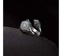WOZUIMEI Chinese Style Ring Jewelry S925 Pure Silver Ring Natural Nephrite White Jade Retro Personality Fox Opening Match All Female Ring As Shown