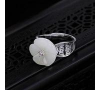 WOZUIMEI Chinese Style Ring Jewelry S925 Pure Silver Ring Nephrite White Jade Retro Plum Double Chinese Character Personality Opening Female High-End Ring Adjustable Opening