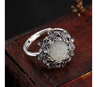 WOZUIMEI Chinese Style Ring Jewelry S925 Pure Silver Ring Retro Inlaid Nephrite White Jade Flower Female High-End Open Ring Adjustable Opening