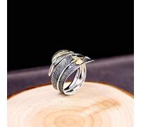 WOZUIMEI Chinese Style Ring Jewelry Thai Silver Personality Handmade S925 Pure Silver Ring Jewelry Antique Distressed Unisex Feather Ring OpeningFeather Ring
