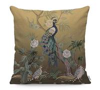 Wozukia Peacock and Peonies Throw Pillow Cover Case in Chinoiserie Style on Golden Background Cotton Linen Pillow Case for Decorative Bedroom/Livingroom/Sofa/Farm House - Cushion Covers 18x18 Inch