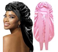 WOZUTUNT 2Pcs Bonnets for Black Women Braid Bonnet, Large Long Satin Bonnet for Braids Sleeping(Black & Pink)