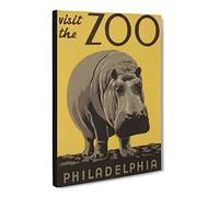 Wpa Hippo Zoo Poster No.2 Poster Canvas Print | Gallery Wrapped 30mm Frame Wall Art | 24x16 inches | Ready to Hang | Retro Picture | Living Room Bedroom Lounge Office