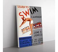 Wpa Learn To Swim Poster Vintage Canvas Wall Art Print Ready to Hang, Framed Picture for Living Room Bedroom Home Office Décor, 60x40 cm (24x16 Inch)