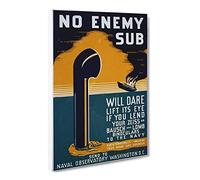 Wpa No Enemy Sub War Poster Canvas Print | Gallery Wrapped 30mm Frame Wall Art | 20x14 inches | Ready to Hang | Retro Picture | Living Room Bedroom Lounge Office