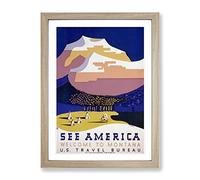 Wpa See America Montana No.1 Travel Poster Vintage Framed Wall Art Print, Ready to Hang Picture for Living Room Bedroom Home Office Décor, Oak A4 (34 x 25 cm)