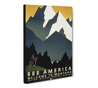 Wpa See America Montana No.2 Travel Poster Canvas Print | Gallery Wrapped 30mm Frame Wall Art | 30x20 inches | Ready to Hang | Retro Picture | Living Room Bedroom Lounge Office
